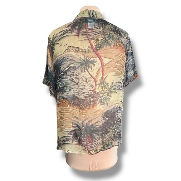 Vintage 90s Citron Santa Monica Top Silk Tropical Scenic Blouse Semi Sheer Shirt - Picture 4 of 11
